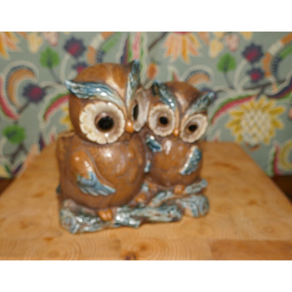 Vintage Napcoware Japan Pair of Pottery Owls Brown & Blue Planter C9238 - Picture 8 of 12